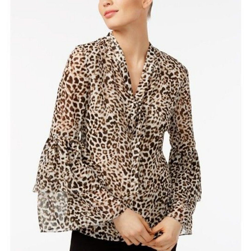 Calvin Klein Tie Neck Tiered Bell Sleeve Blouse XS
